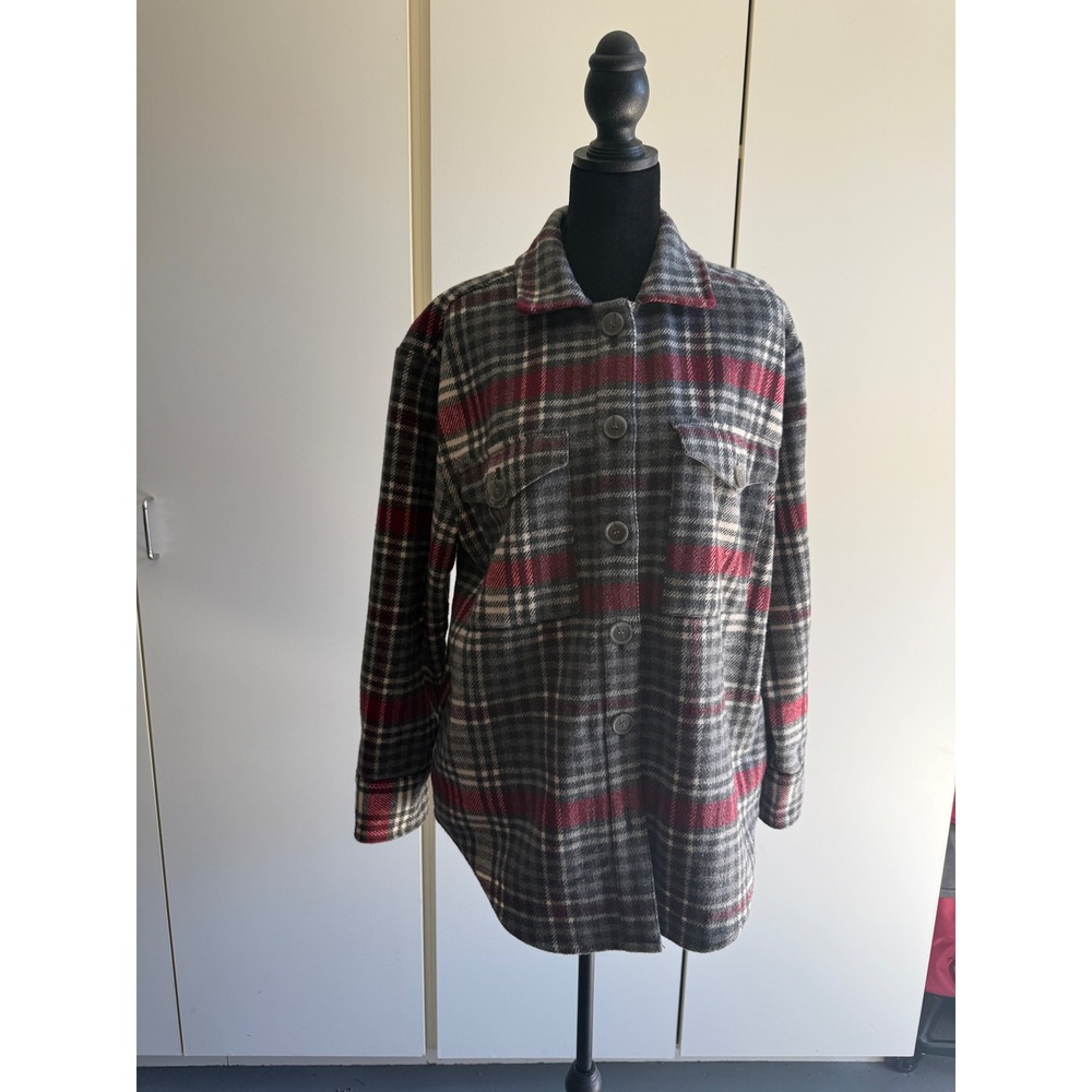 Treasure &‎ Bond Womens Plaid Shacket Grey Red Button Front Shirt Jacket Medium